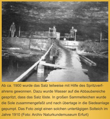 Ab ca. 1900 wurde das Salz teilweise mit Hilfe des Spritzverf-ahrens gewonnen. Dazu wurde Wasser auf die Abbaubereiche gespritzt, dass das Salz löste. In großen Sammelteichen wurde die Sole zusammengefaßt und nach übertage in die Siedeanlage gepumpt. Das Foto zeigt einen solchen untertägigen Solteich im Jahre 1910 (Foto: Archiv Naturkundemuseum Erfurt)   (C) Archiv Naturkundemuseum Erfurt